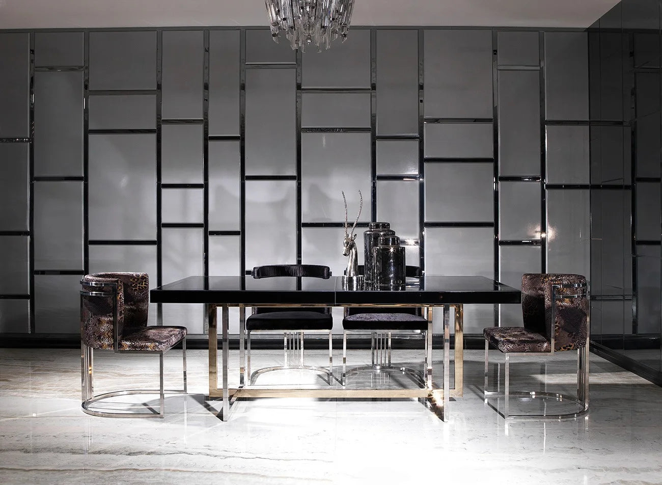 Belgrad dining table with black wood top and silver base side view