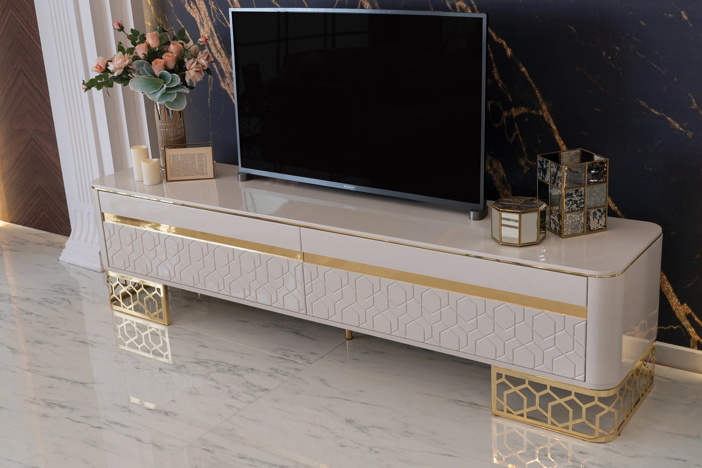 Flamingo Luxury Dining Set : Cream - Stylish TV Unit with Storage | Luxe Life Furniture