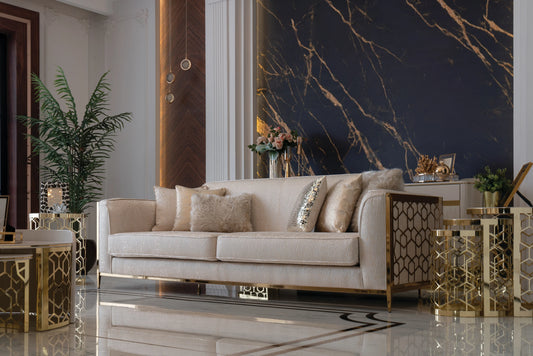 Flamingo cream 2-seater sofa, part of the Flamingo Sofa Set, with gold metal. Luxe Life Furniture.