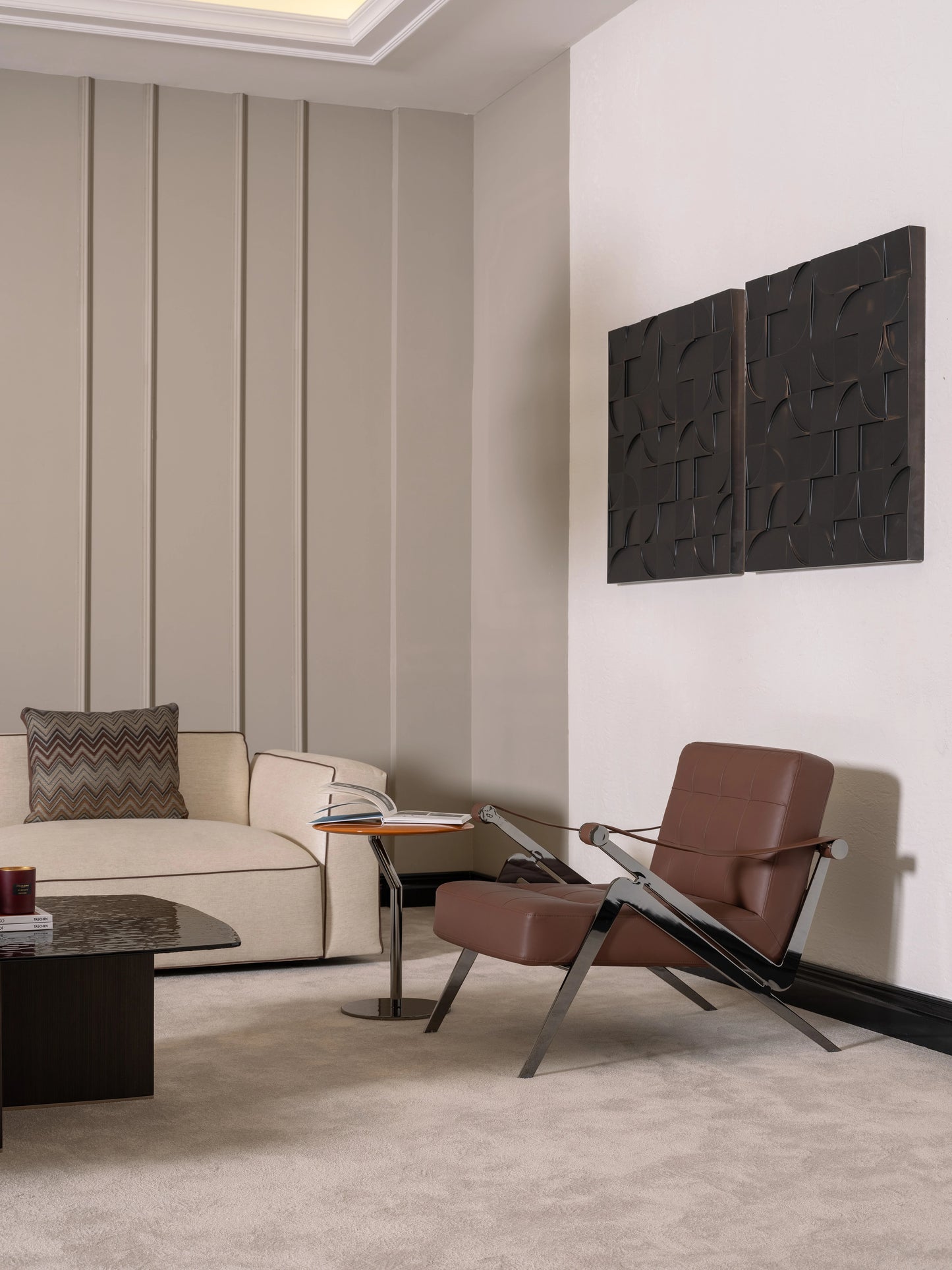 Moka Armchair with parcial view of the sofa right arm