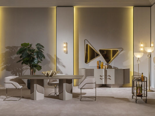 Modern beige dining table with plush chairs Modern beige dining table with plush chairs