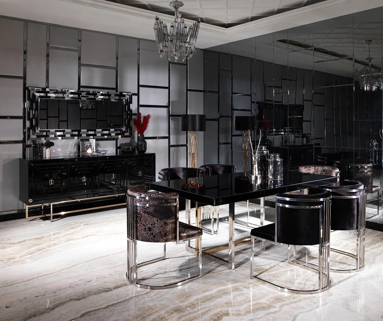 Belgrad dining table with black wood top and silver base