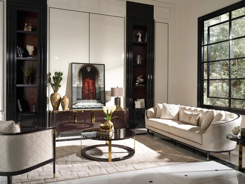 Angled perspective capturing sleek lines of Braga armchair arms and backrest