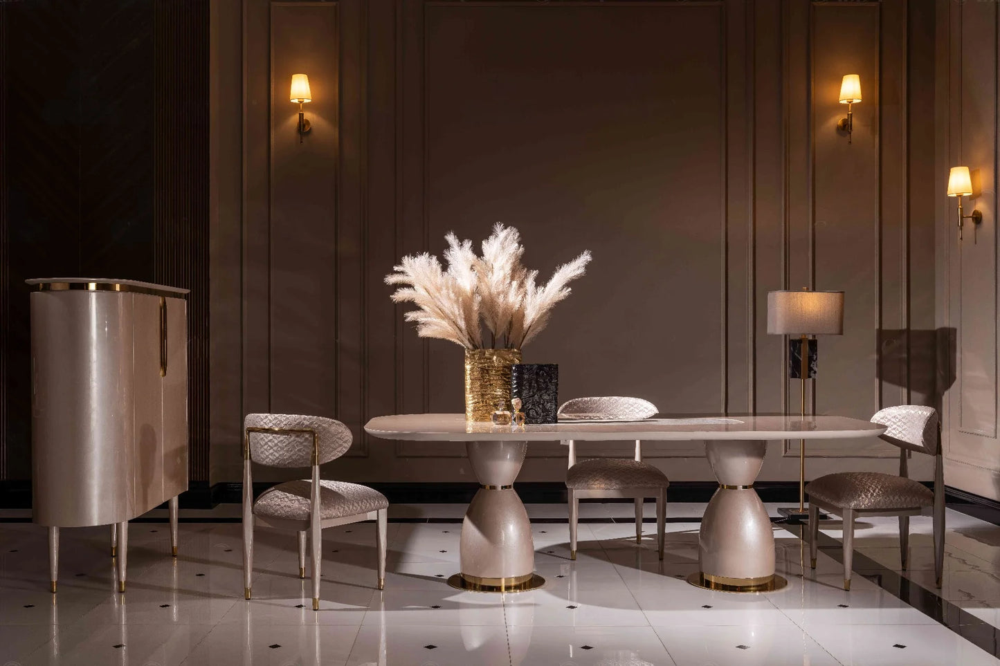 Braga dining table shown fully set for 6 people