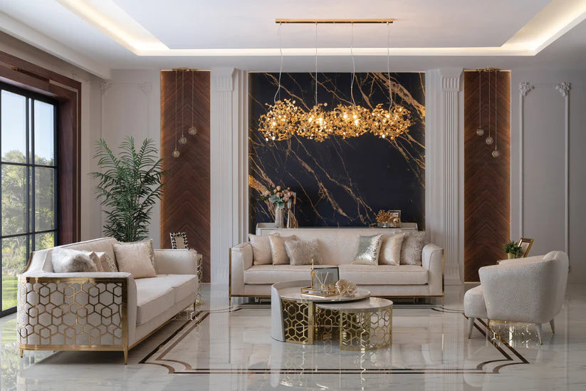 Flamingo 3 seater cream sofa with gold legs in luxury room