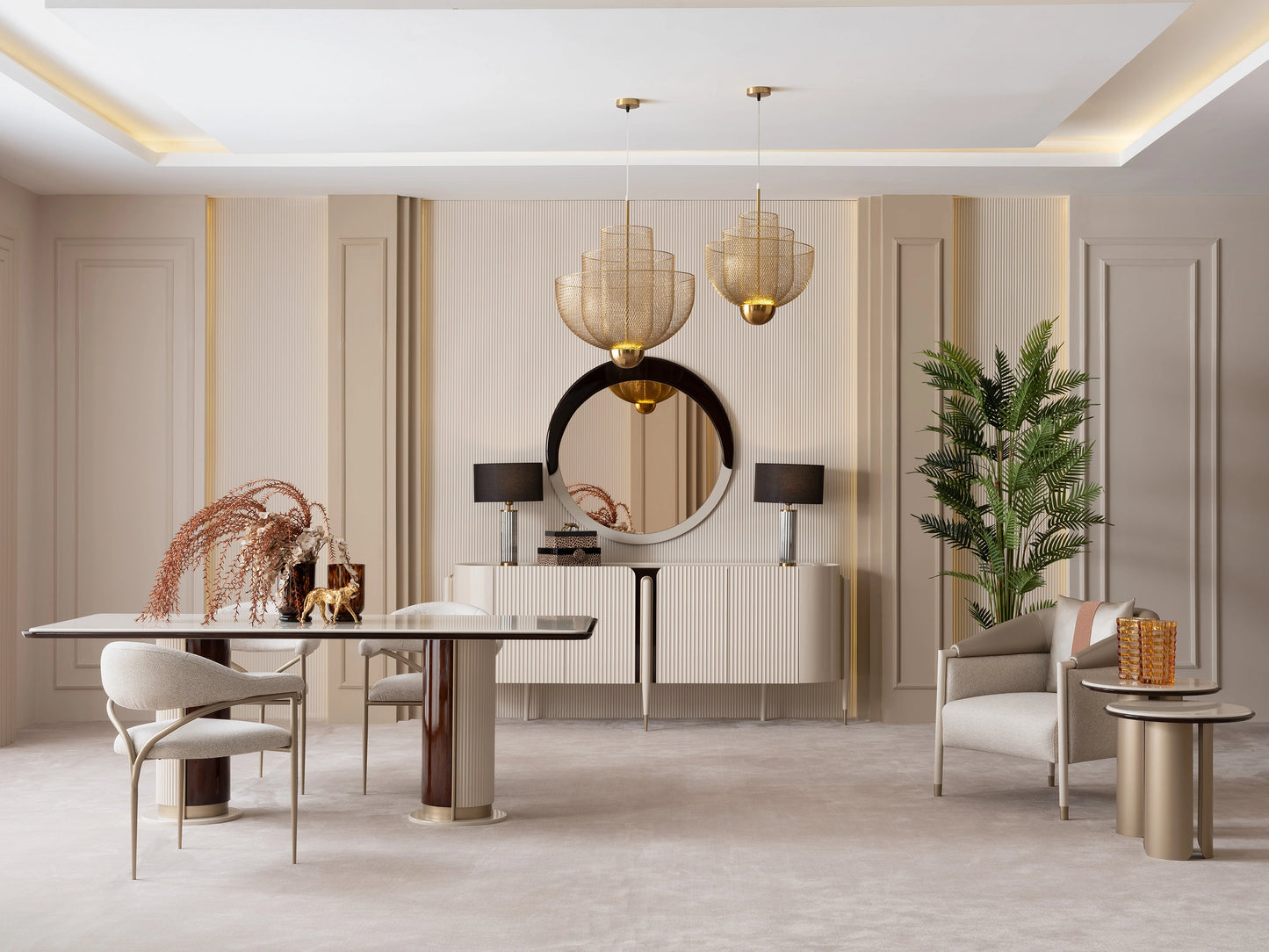 Reflective dining table surface showing quality craftsmanship, also sideboard with mirror