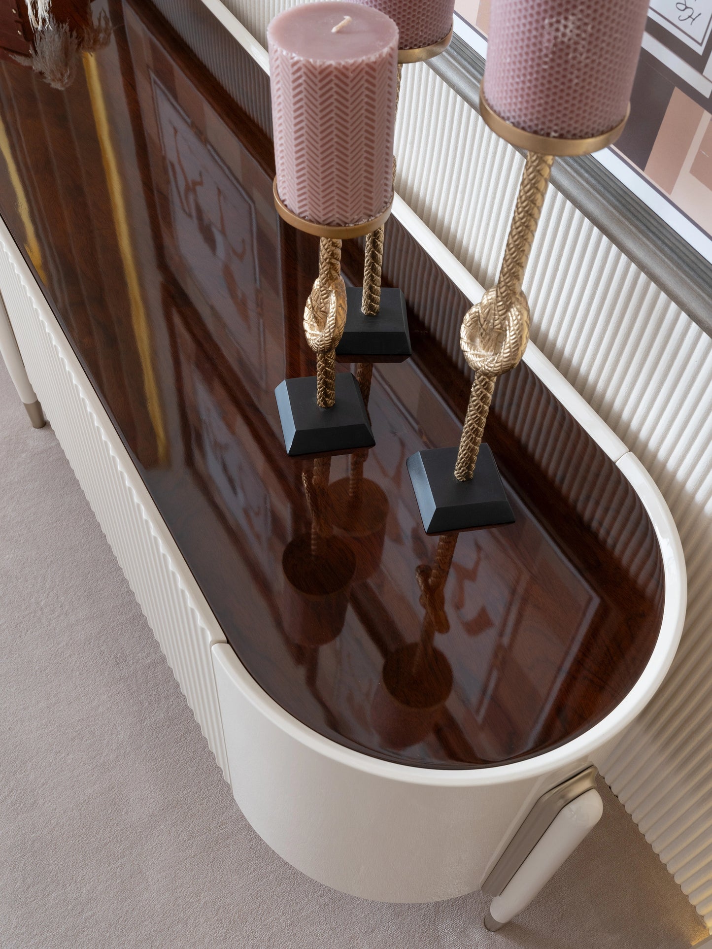 Open view of Florance dining sideboard compartments and shelving