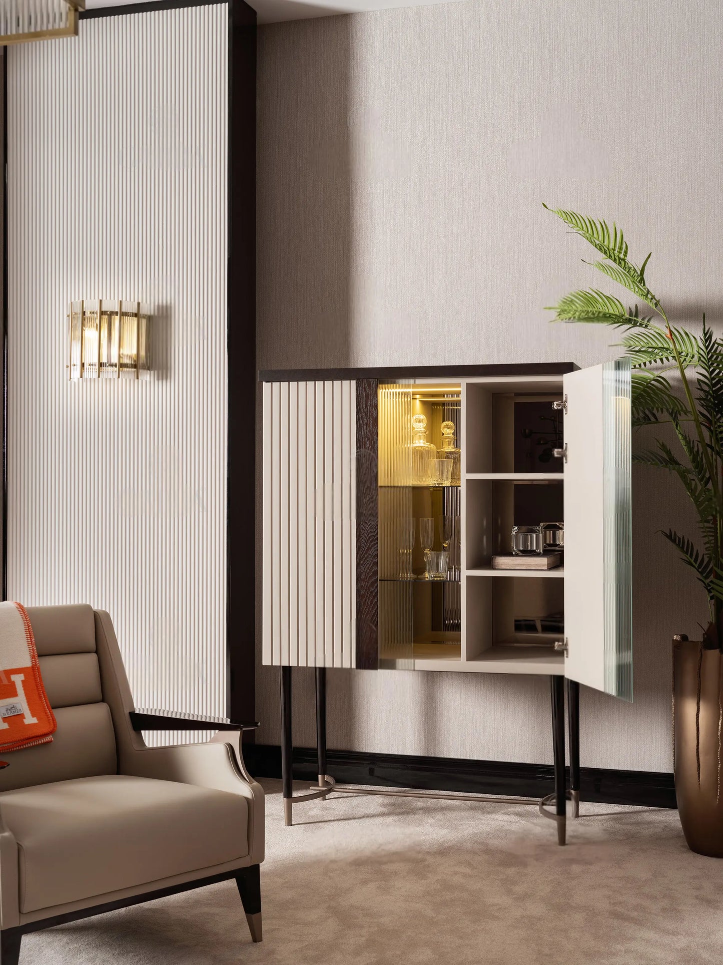Galante Bar Unit showing the storage, part of the Galante Dining Set, home bar storage. Luxe Life Furniture.