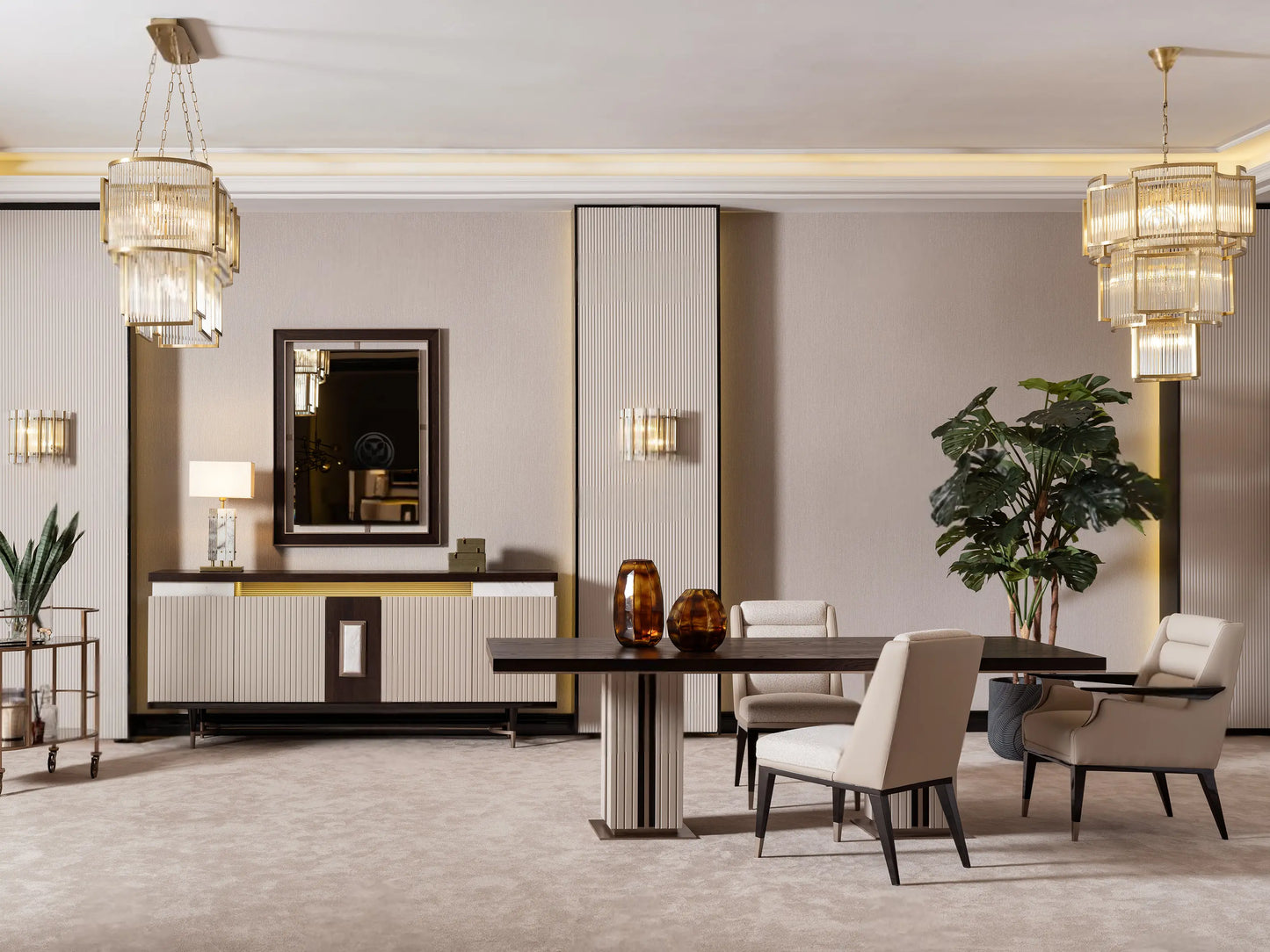 Galante Sideboard with Mirror with dining table and chairs, part of the Galante Dining Set, storage and mirror. Luxe Life Furniture.