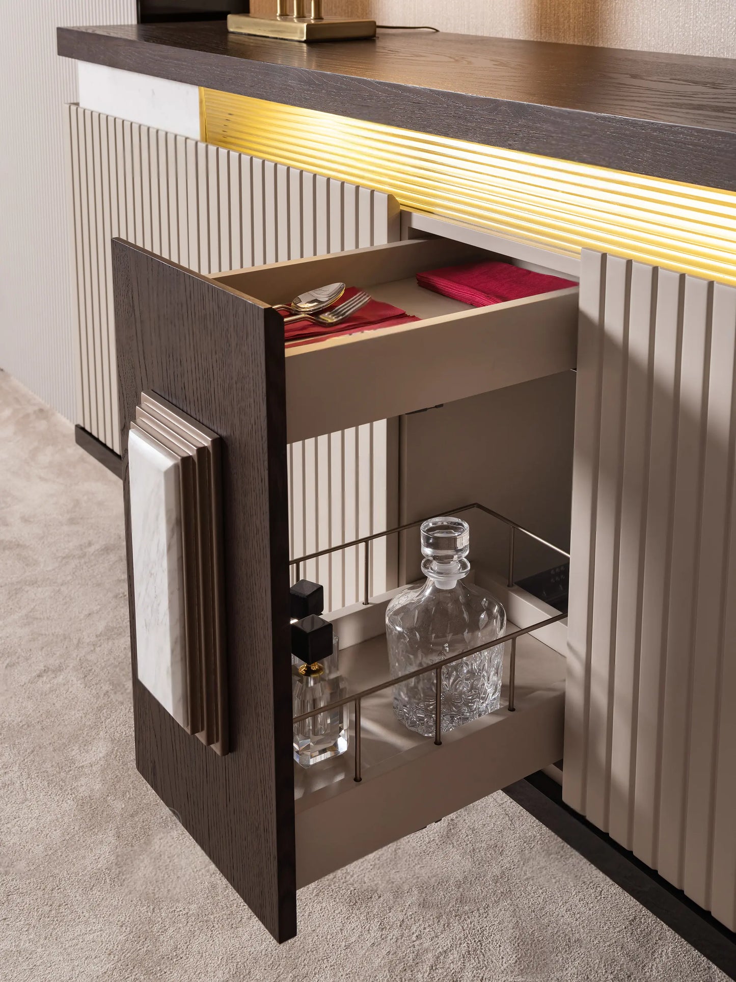 Galante Sideboard storage zooming view, part of the Galante Dining Set, Luxe Life Furniture.