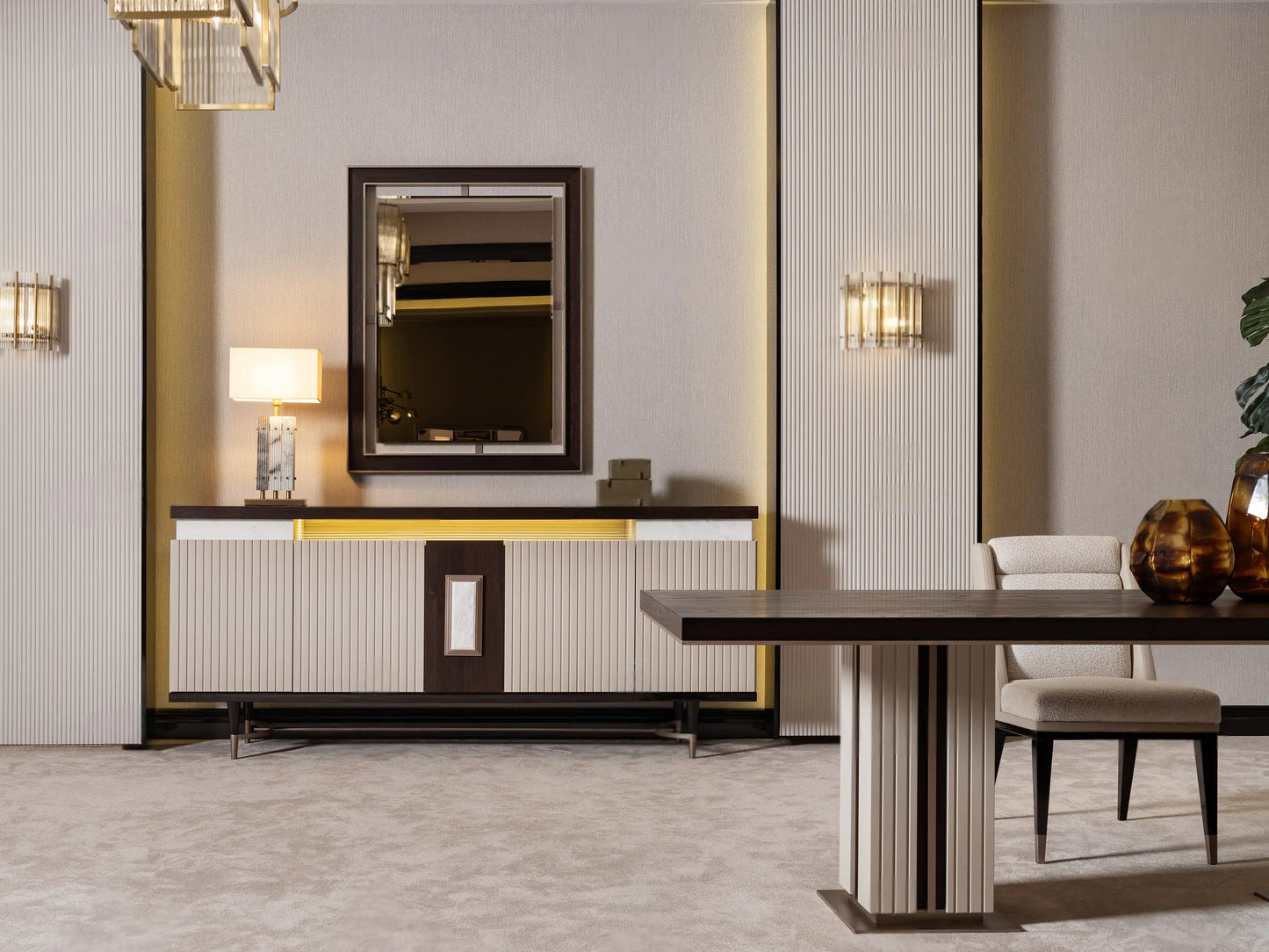 The Galante Sideboard with Mirror, showing its storage and reflective surface.