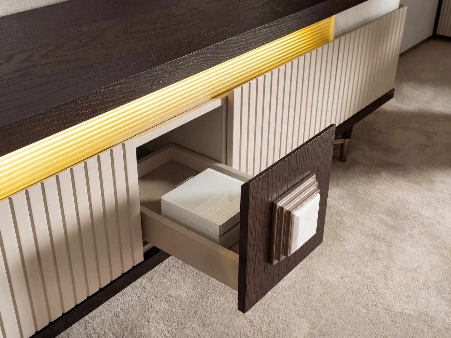 Galante TV Unit drawer arm part, part of the Galante Dining Set, media storage. Luxe Life Furniture