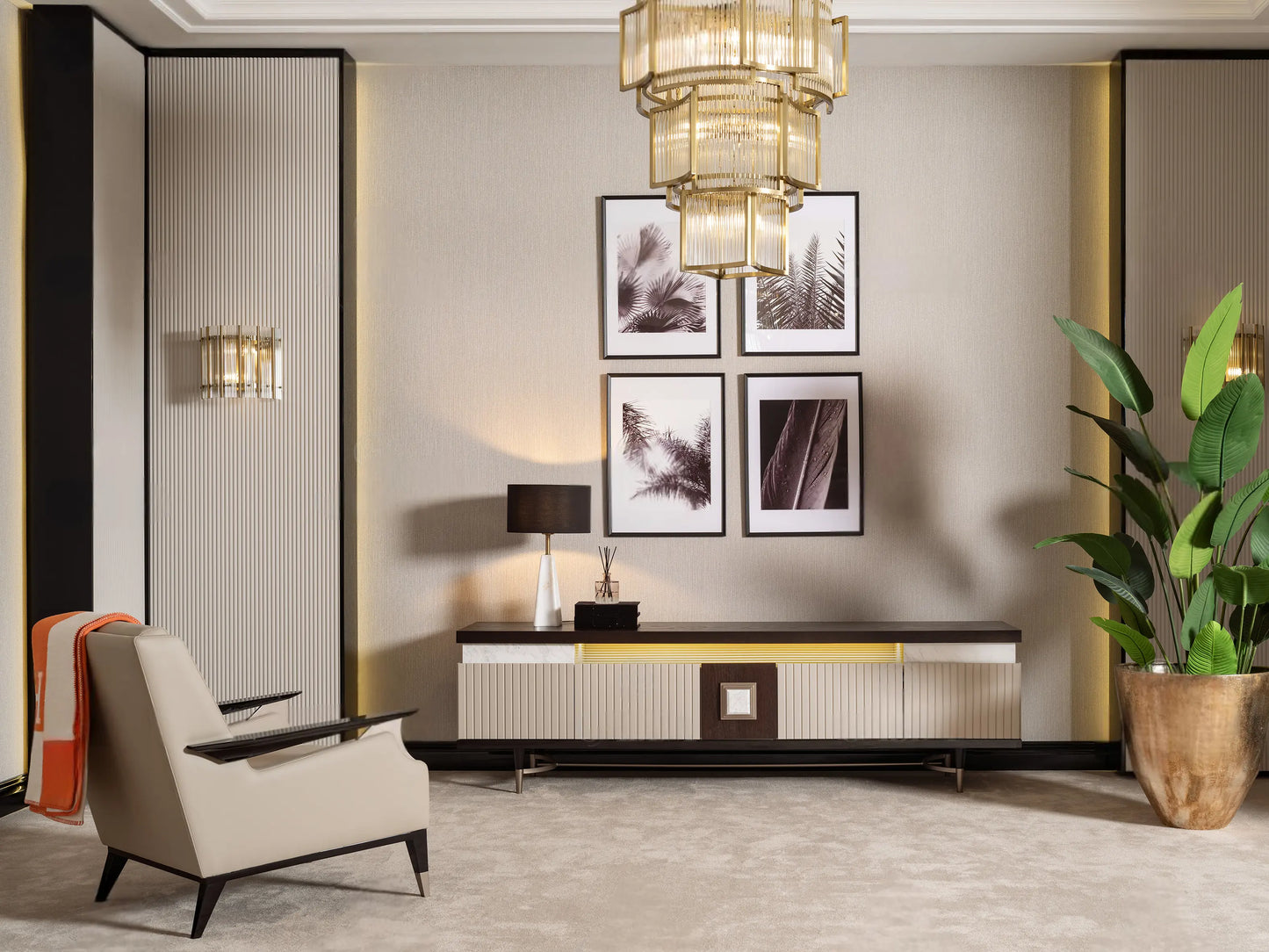 Galante TV Unit, part of the Galante Dining Set, media storage. Luxe Life Furniture.