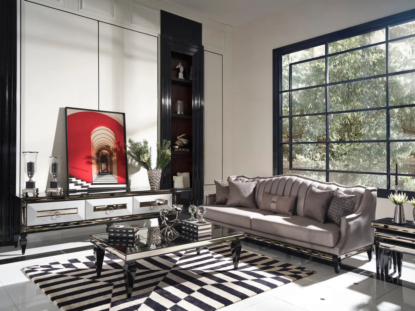 Coffee table, TV unit, 3 seater sofa, and partial nesting table from the Havana Dining Set, arranged in a modern living room. Luxe Life Furniture.