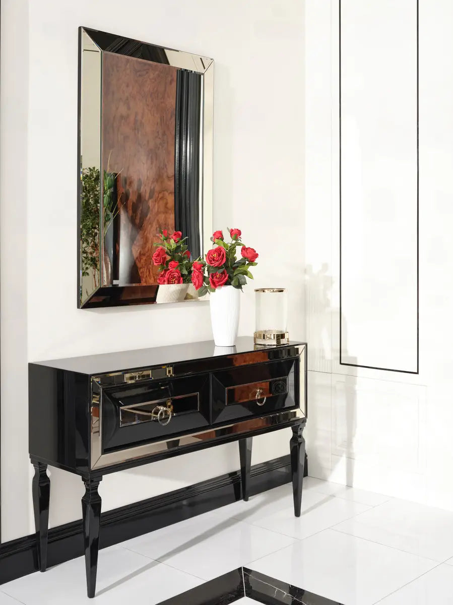 Console table with mirror from the Havana Dining Set, arranged in a stylish living space. Luxe Life Furniture.
