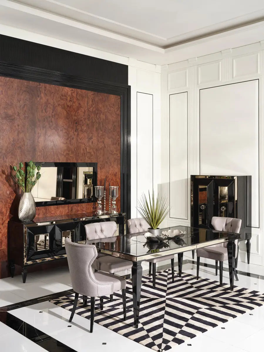 Dining table, 4 dining chairs, sideboard with mirror, and bar unit from the Havana Dining Set, arranged in a modern dining space. Luxe Life Furniture.