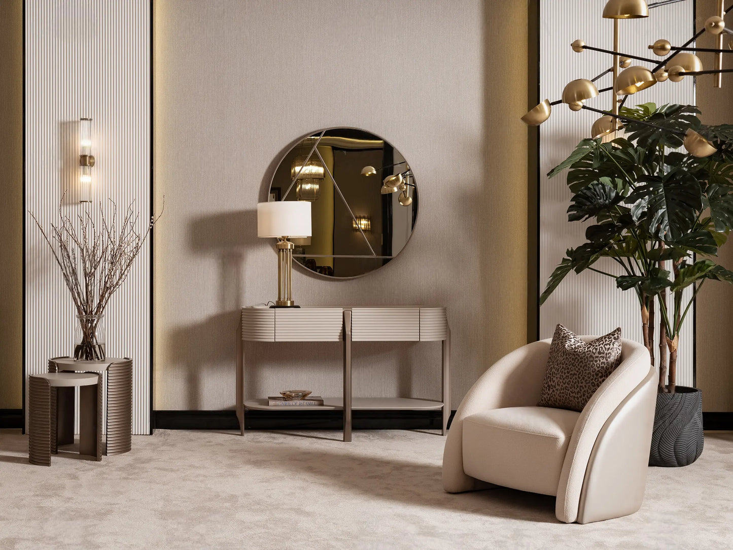 Beige accent chair styled in neutral-toned living room
