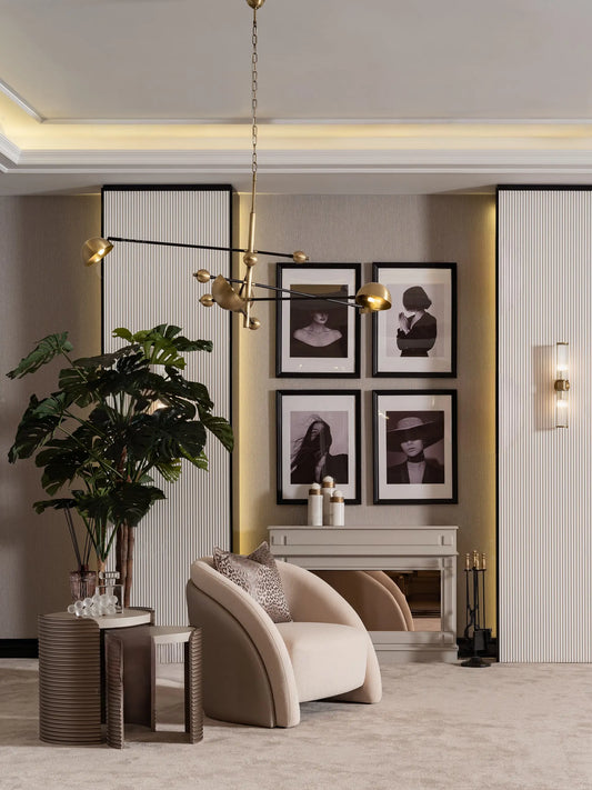 Beige accent chair styled in neutral-toned living room Beige accent chair styled in neutral-toned living room