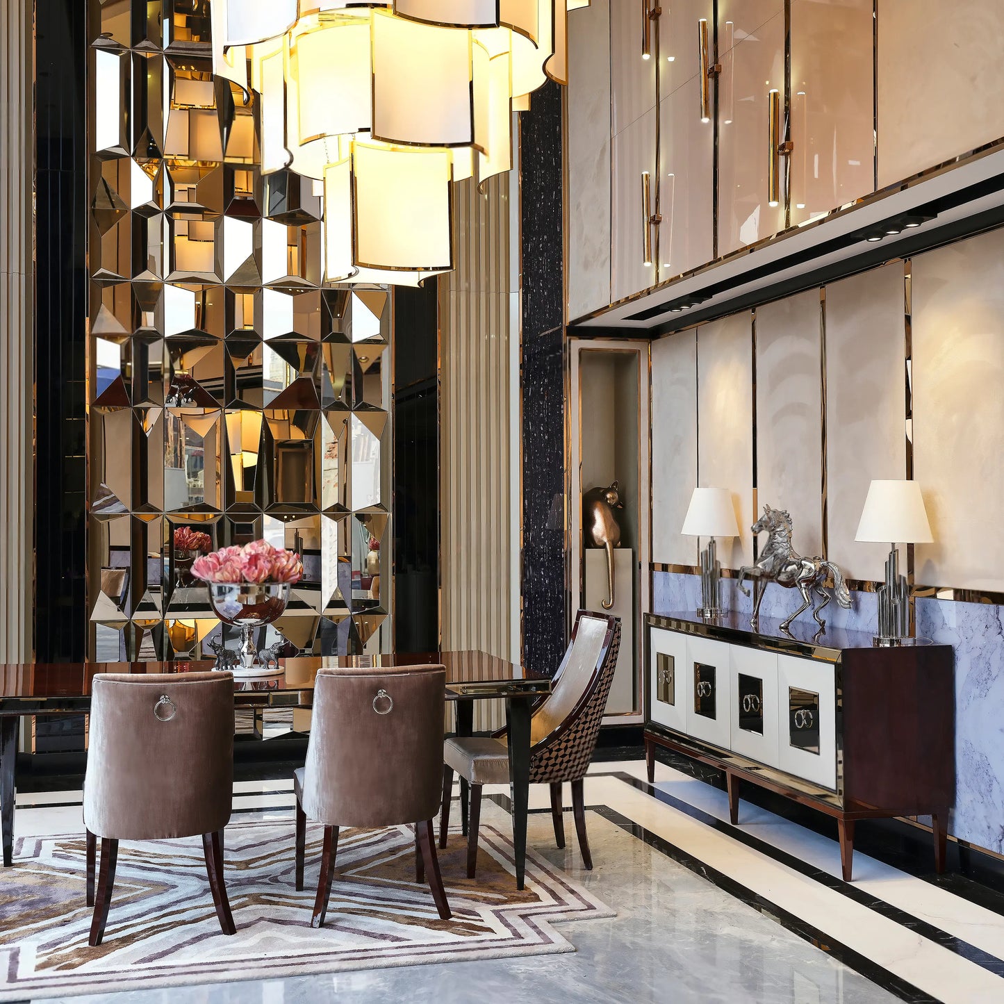 London Dining Set, partial dining room view with table, chairs, sideboard accessories. Luxe Life Furniture.