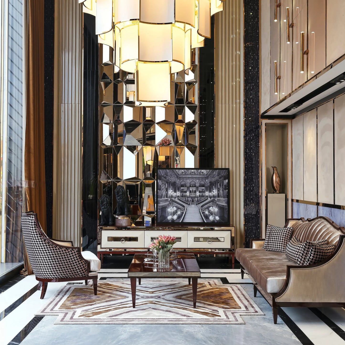 London Dining Set, room full view with sofa, armchair, coffee, TV unit. Luxe Life Furniture.