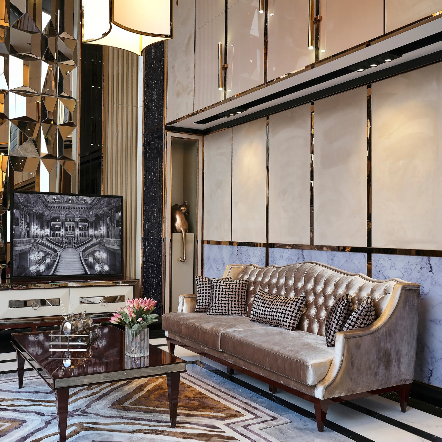 London Dining Set, room view with sofa, coffee table, partial TV unit. Luxe Life Furniture.