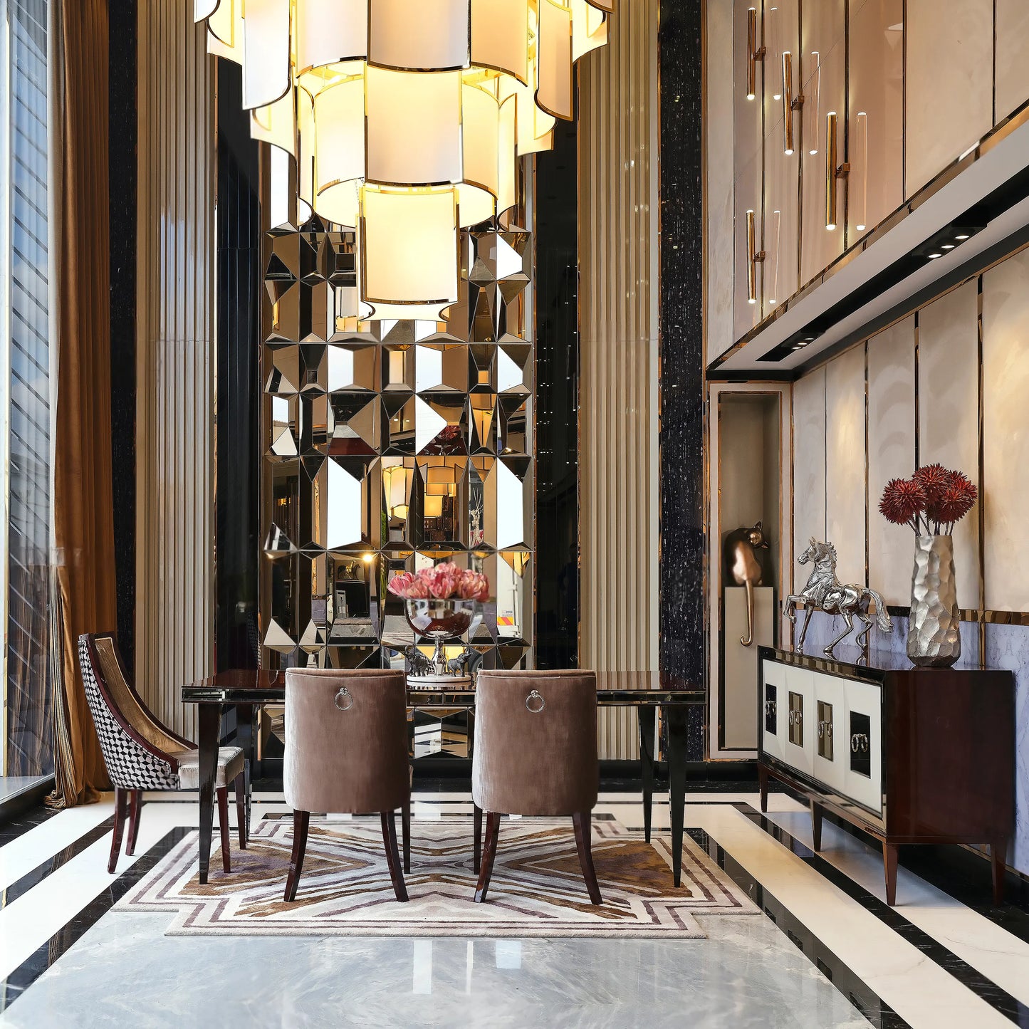 London Dining Set, full view with dining table, chairs, and sideboard. Luxe Life Furniture.