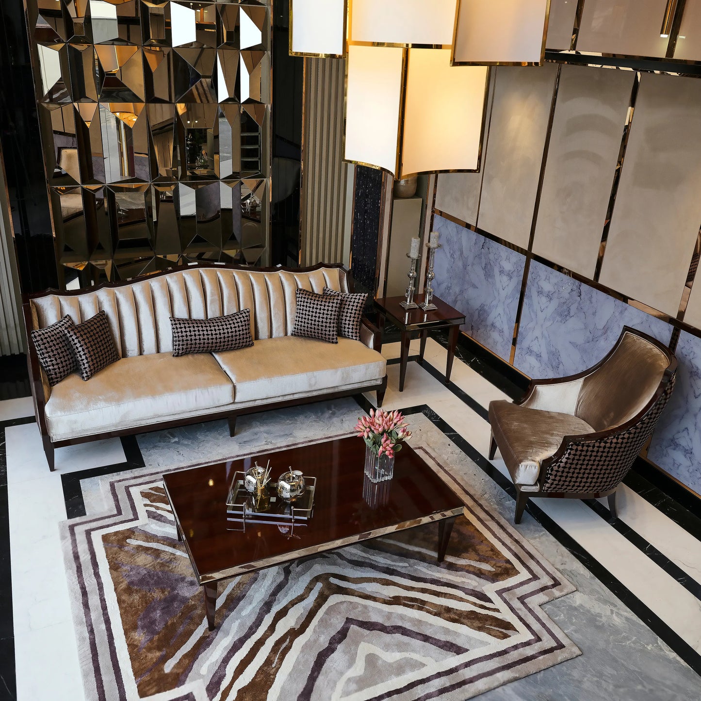 London Dining Set, room top view with sofa, armchair, coffee, side tables. Luxe Life Furniture.
