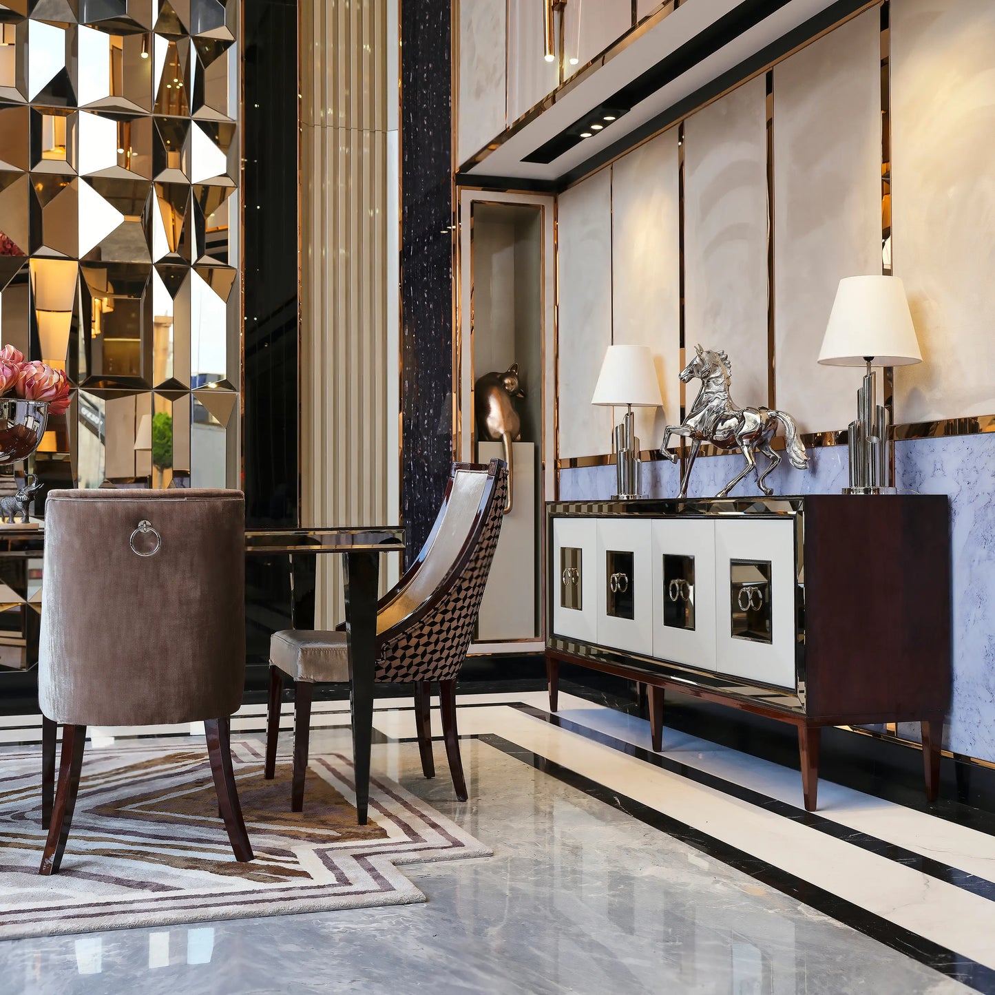 London Dining Set, partial table view with chairs and sideboard accessories. Luxe Life Furniture.
