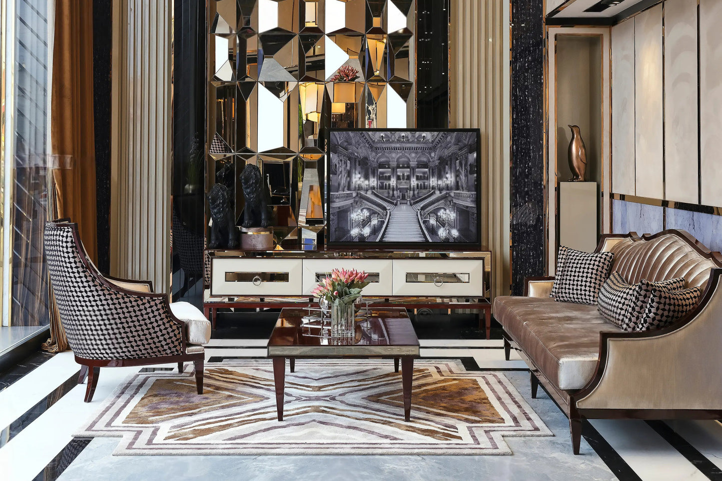 London Sofa Set, full room view with sofa, armchair, coffee table, TV unit. Luxe Life Furniture.
