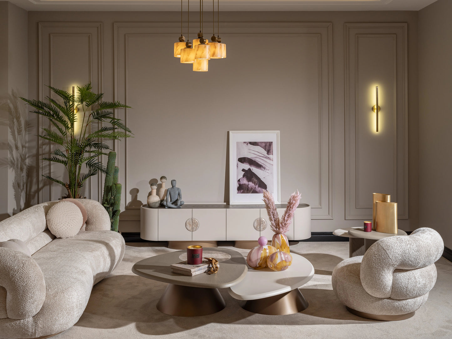 Oval white coffee table in a modern living room setting