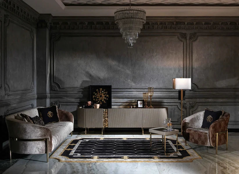 Lyon Armchair with antique -gold metal frame in luxury setting