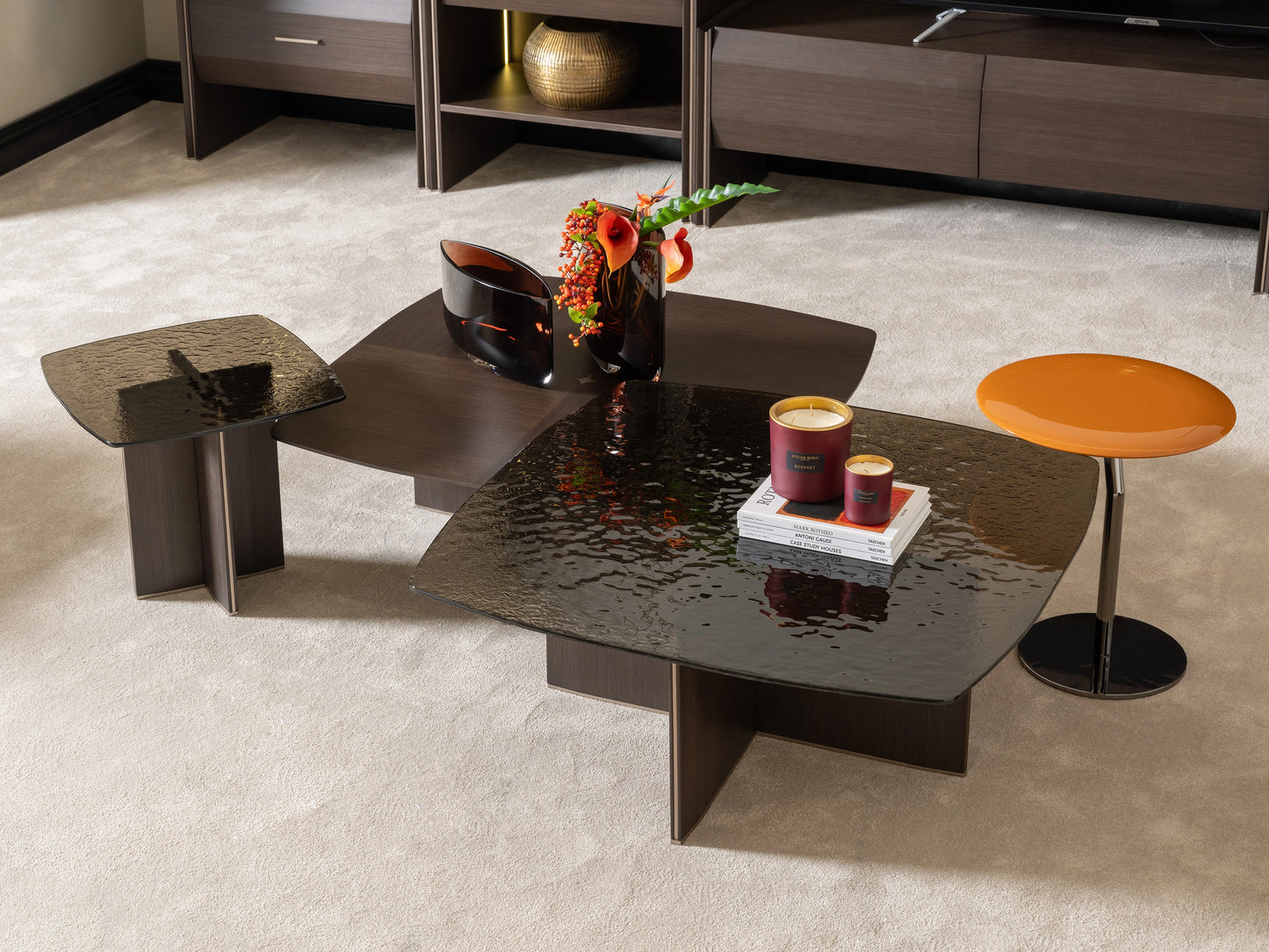 Modern Moka coffee table set with textured glass top, dark wood finish, and side table