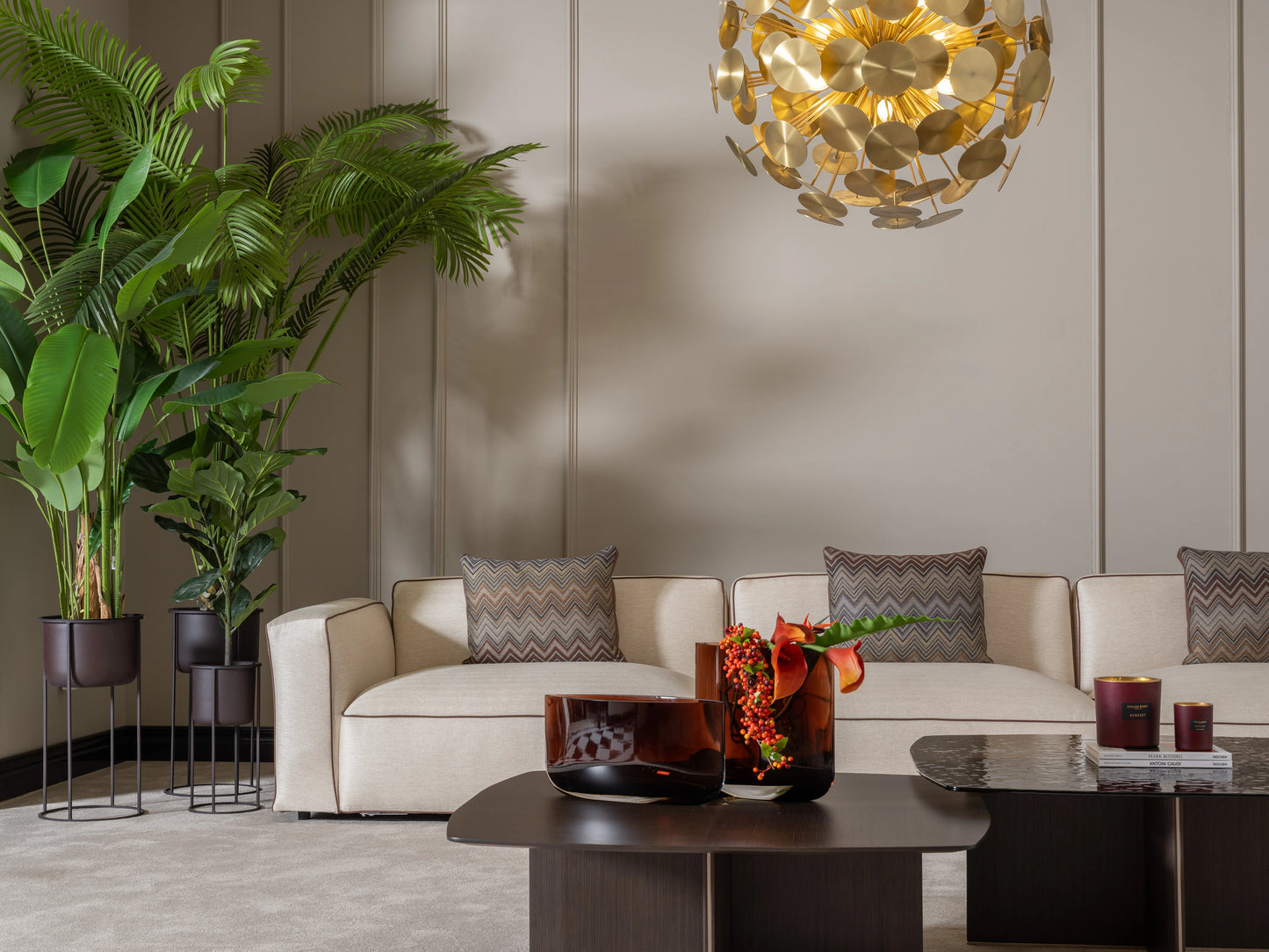 Close-up of Moka sofa lounge module with soft beige fabric
