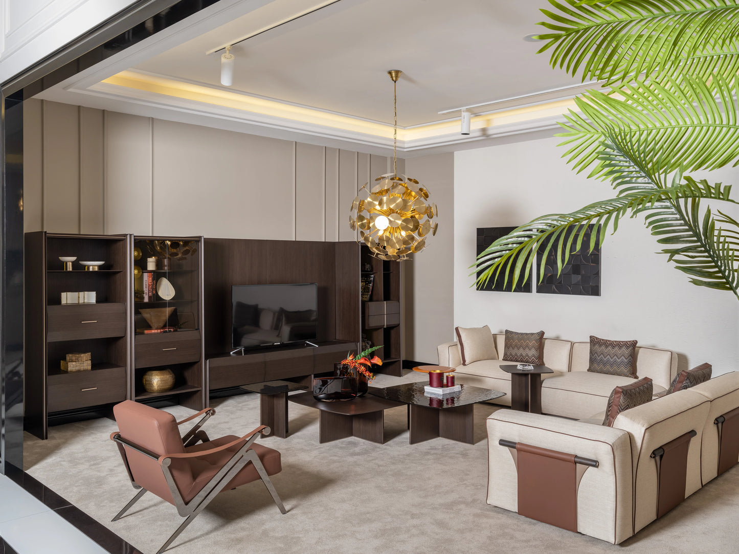 Side view of Moka sofa set with stitched leather details