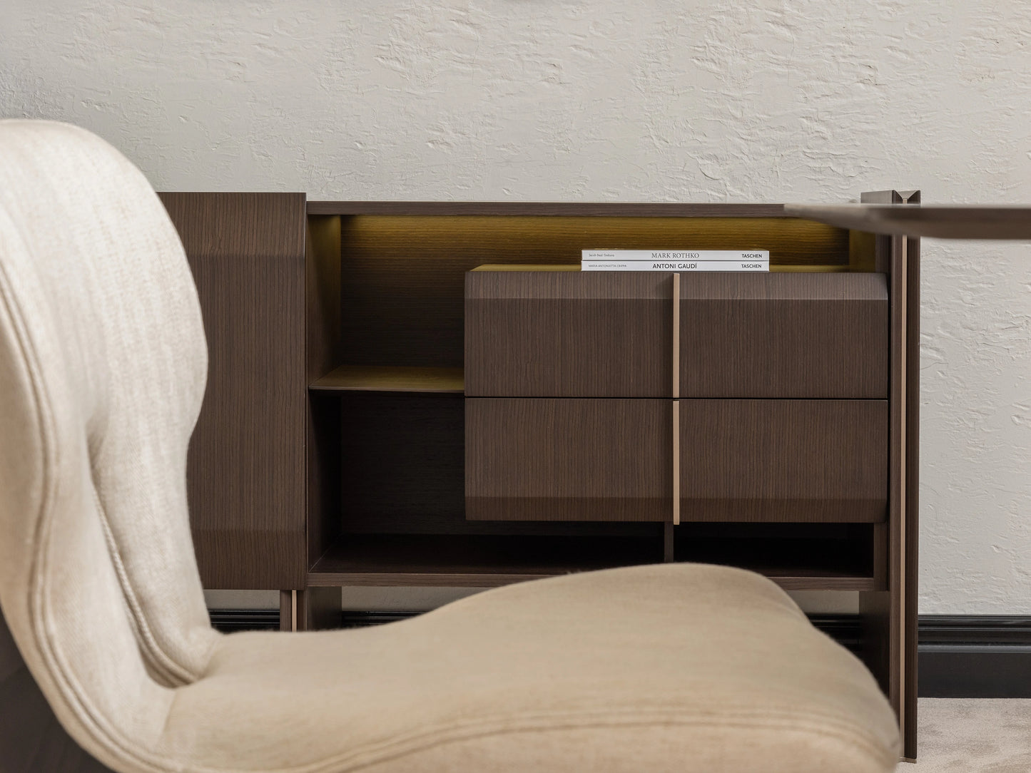 Contemporary Moka sideboard with illuminated shelf and close-up on wooden drawers
