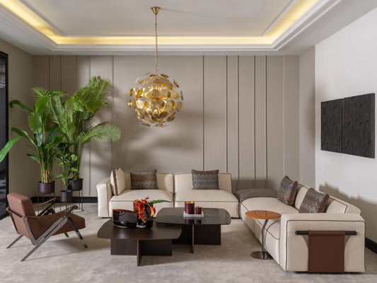 Moka modular sofa set in beige with luxury living room setup Moka modular sofa set in beige with luxury living room setup