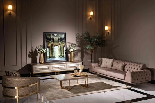 Nepal Sofa Set, standard 3-seater, armchairs, coffee table, and TV unit in a living room. Luxe Life Furniture. Nepal Sofa Set, standard 3-seater, armchairs, coffee table, and TV unit in a living room. Luxe Life Furniture.