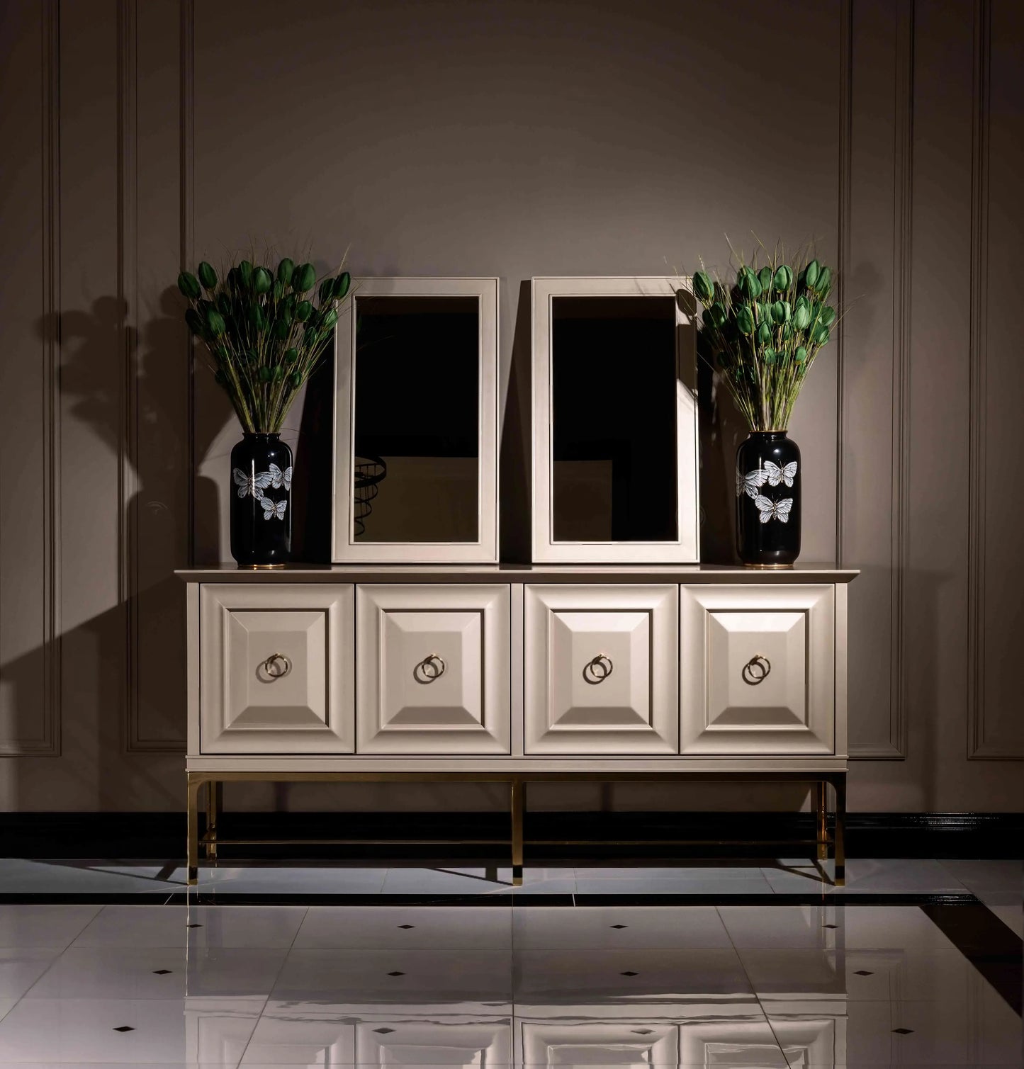 Nepal Dining Set sideboard, full front view with two mirrors. Luxe Life Furniture.