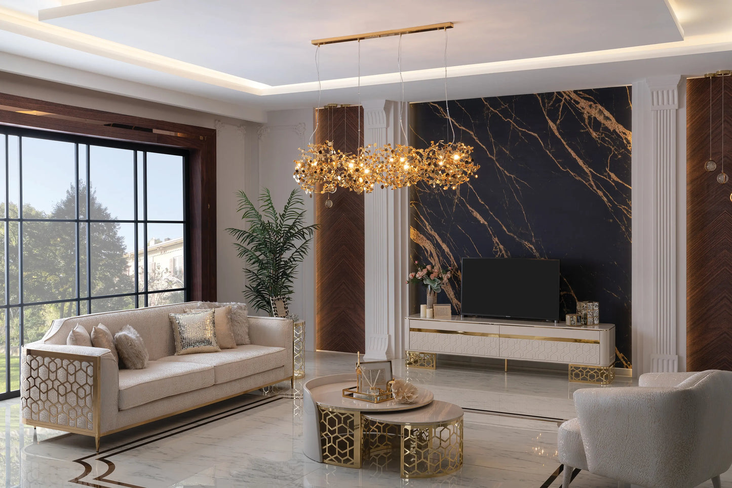 Neutral-toned living space featuring cream Flamingo sofa