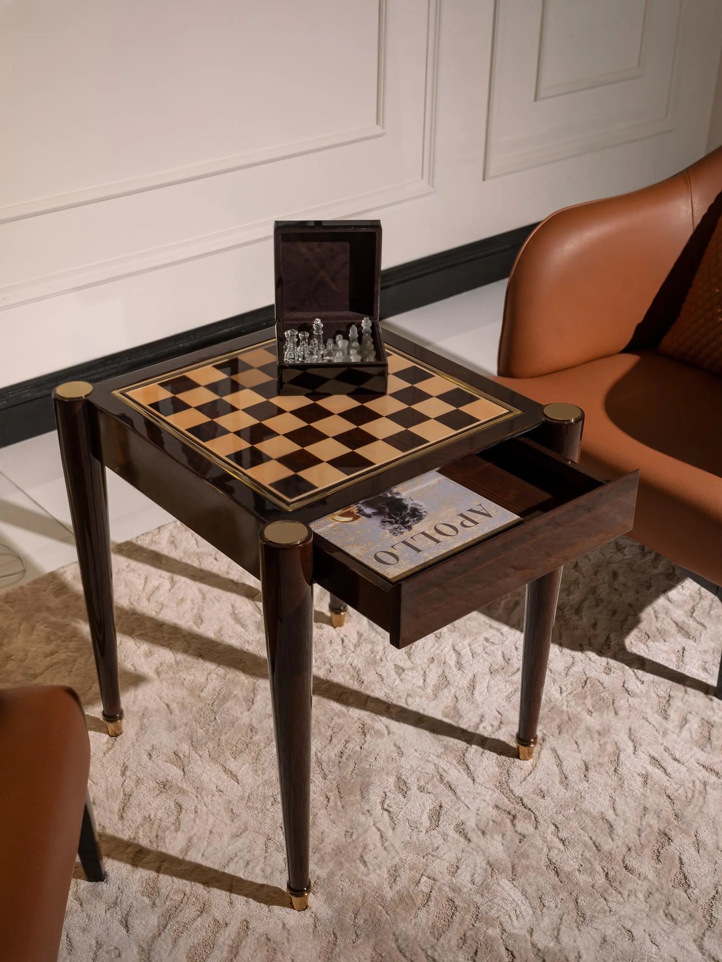 Nevada Dining Set chess table detail. Luxe Life Furniture.