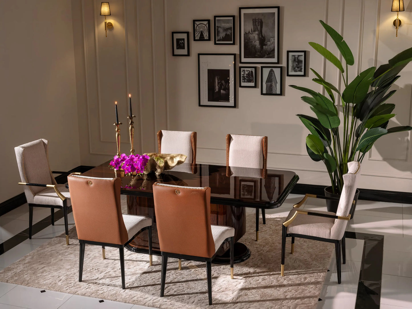Nevada Dining Set side view, dining table with 6 chairs, 2 lux and 4 standard. Luxe Life Furniture.