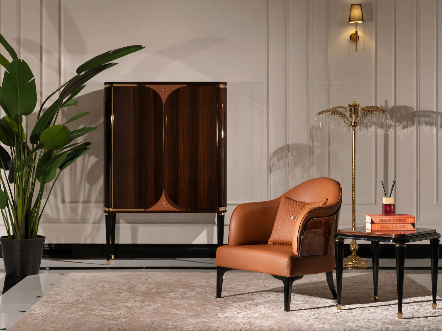 Nevada Dining Set side table, armchair, and bar unit. Luxe Life Furniture.