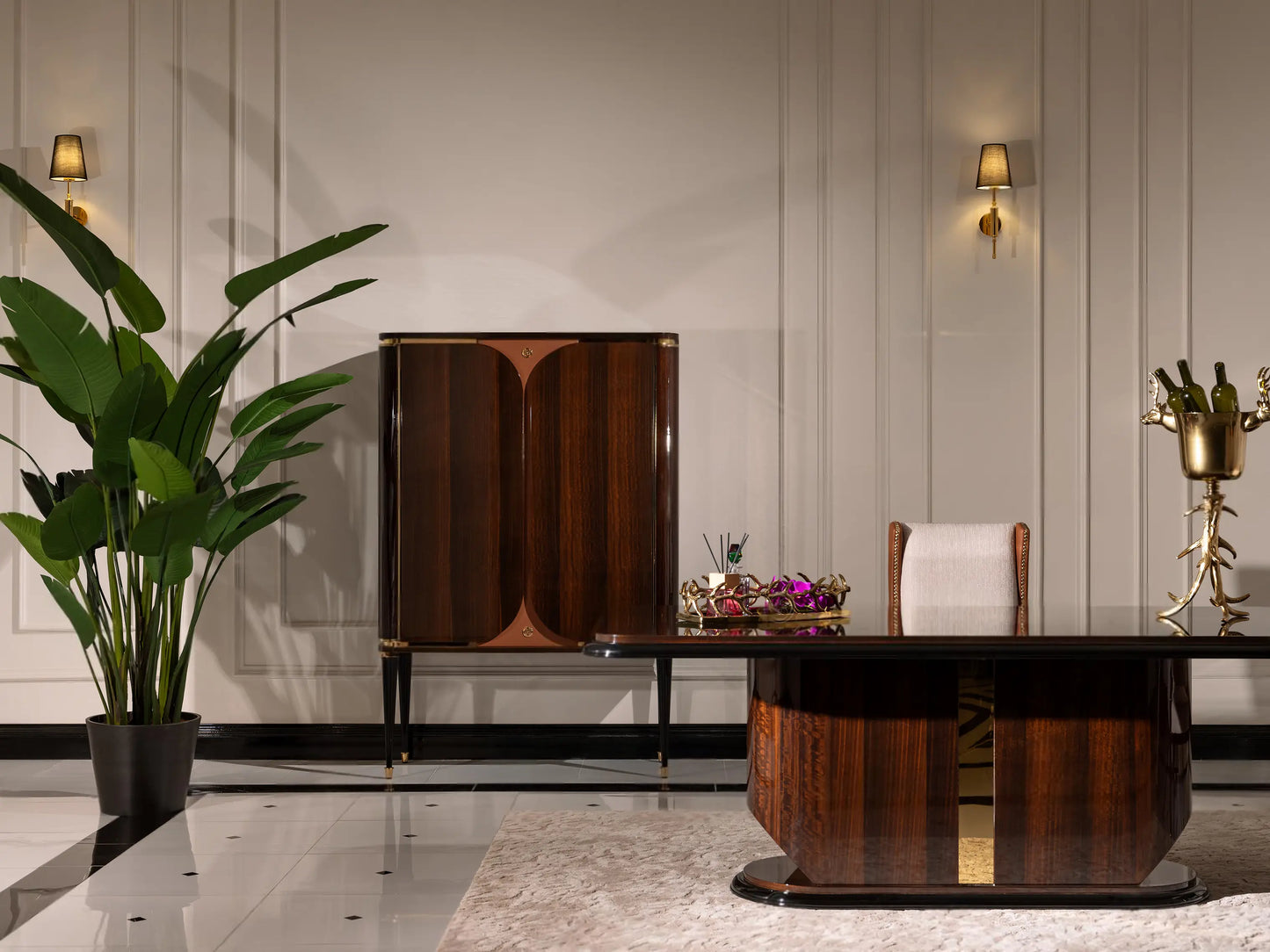 Nevada Dining Set dining table side view, bar behind. Luxe Life Furniture.