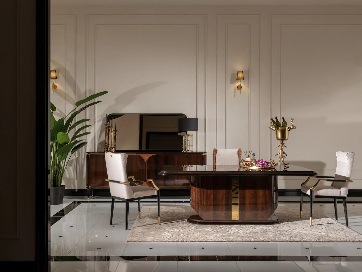 Nevada Dining Set side view, dining table with 2 lux and 1 standard chair, sideboard and mirror. Luxe Life Furniture.