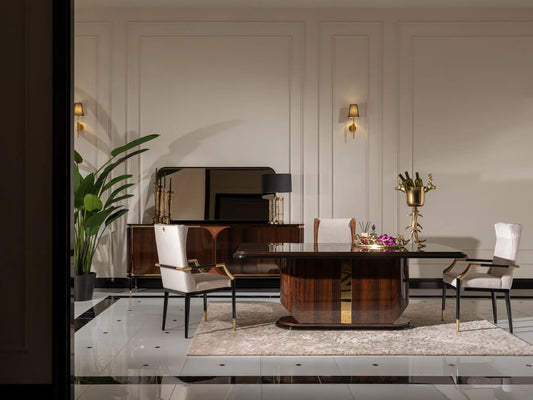 Nevada Dining Set side view, dining table with 2 lux and 1 standard chair, sideboard and mirror. Luxe Life Furniture.