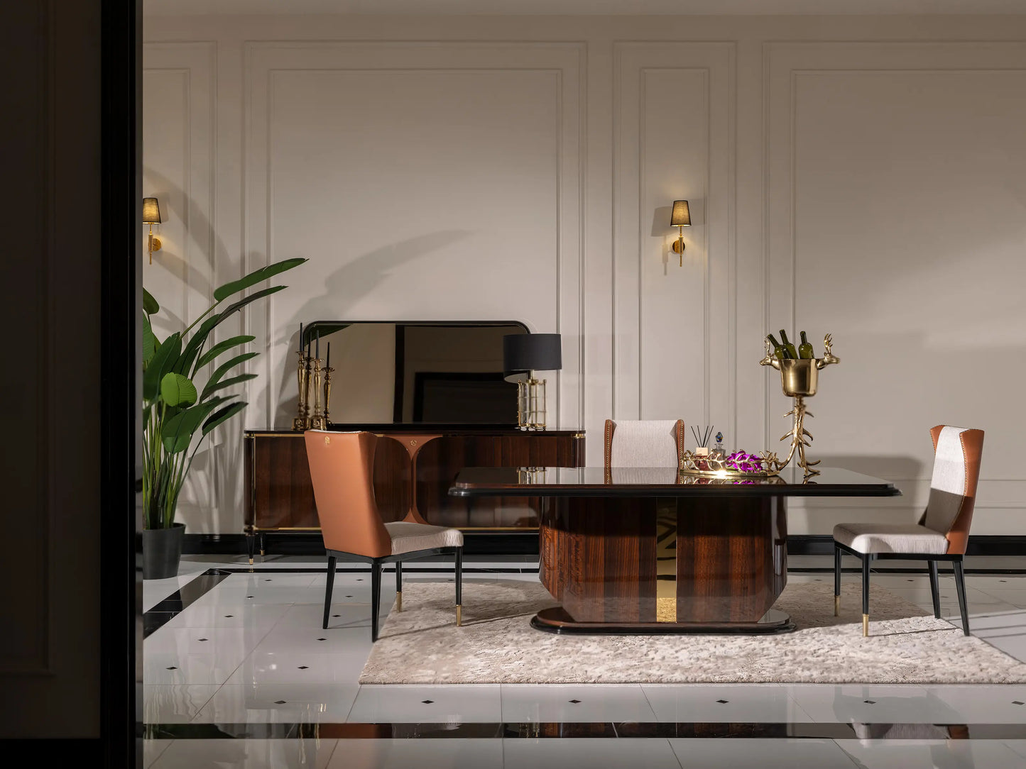 Nevada Dining Set side view, dining table with 2 lux and 1 standard chair, sideboard and mirror. Luxe Life Furniture.