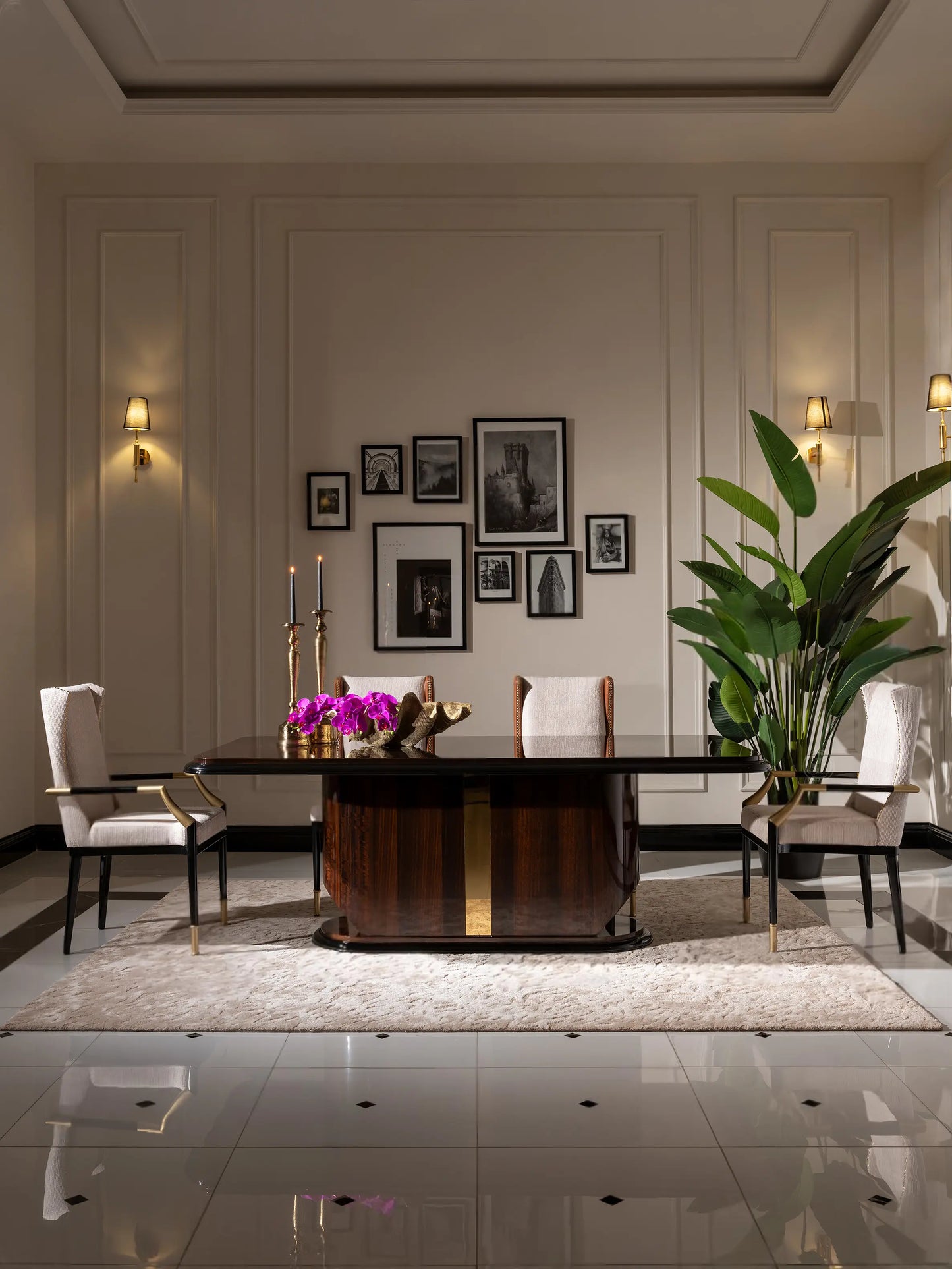 Nevada Dining Set side view, dining table with 2 lux and 2 standard chairs, sideboard and mirror. Luxe Life Furniture.
