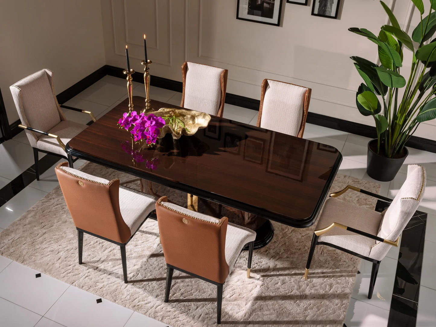 Nevada Dining Set top view, dining table with 6 chairs, 2 lux and 4 standard. Luxe Life Furniture.