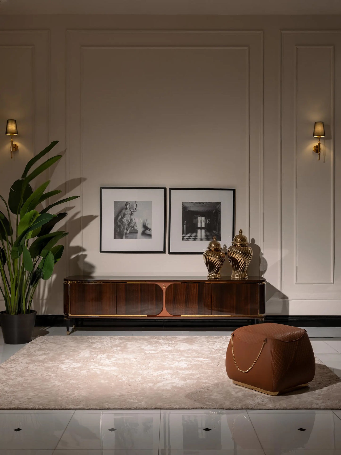 Nevada Dining Set TV unit and puff, full view. Luxe Life Furniture.