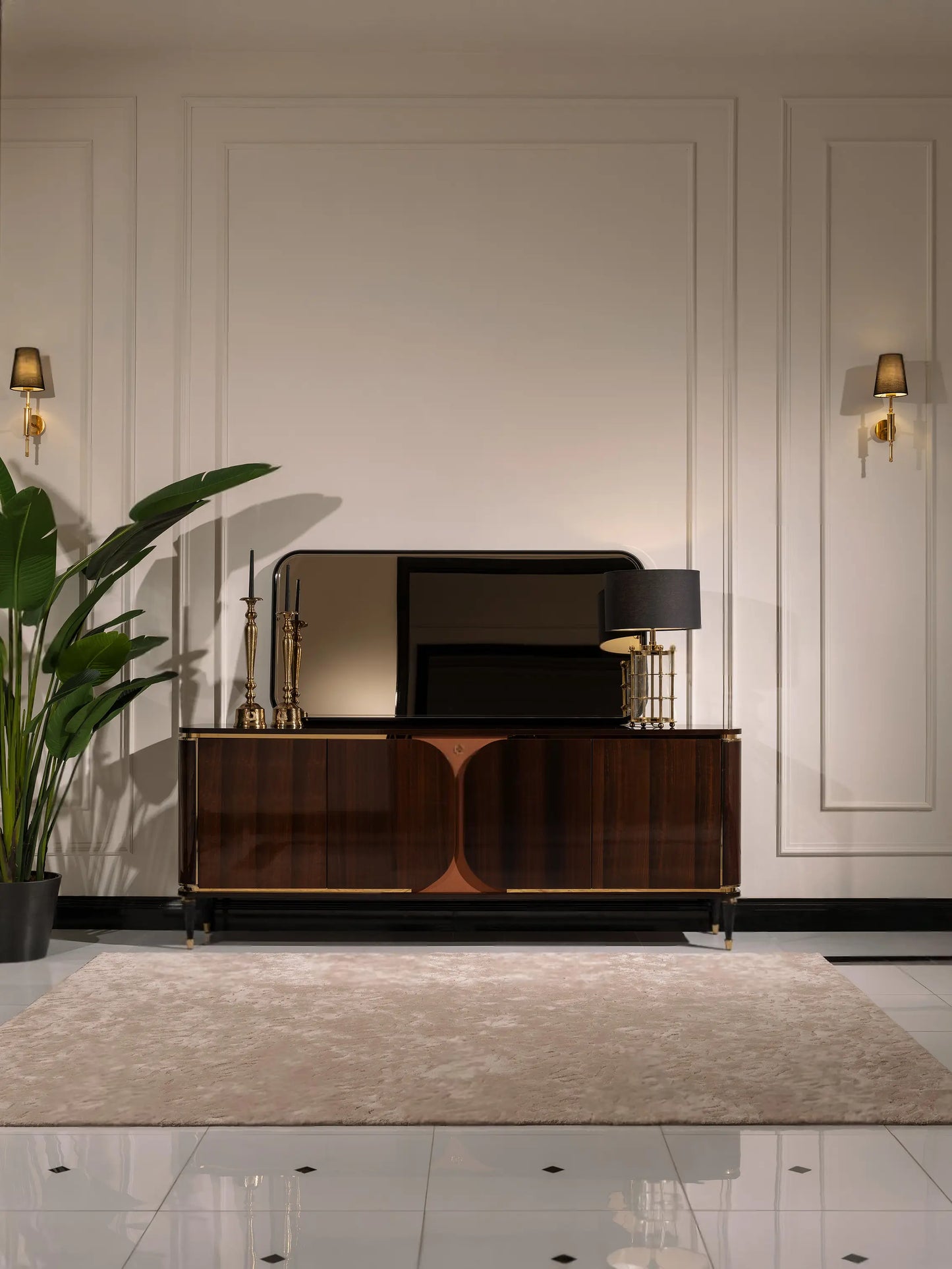Nevada Dining Set sideboard and mirror, full view. Luxe Life Furniture.